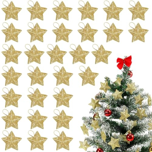 DazzJoy 30 Stück Glitzer Sterne zum Aufhängen Gold, Sterne Weihnachtsbaum Deko, Weihnachtsbaumschmuck Weihnachtssterne, Weihnachtsanhänger Stern, Christbaumschmuck Stern für Neujahr, Weihnachten Deko