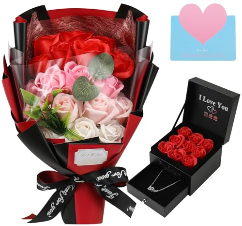 Tsudoku Roses Bouquet Artificial Flower - Preserved Red Rose Flowers with Love Necklace for Her - Gifts Valentine's Day, Mother's Day, Thanksgiving, Birthday, Anniversary