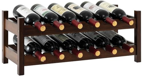 FANTASK Weinregal Bambus, 2 Ebenen Flaschenständer, Weinflaschenregal für 12 Flaschen, Weinhalter für Keller, Küche, Bar, Esszimmer, 60,5 x 24 x 25 cm (Braun)