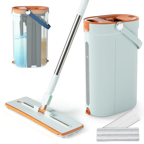 COSTWAY Balais Serpillière Seau Essoreur, Tête Plate Rotatif 360°, Serpillière Microfibre Lavable Réutilisable, Manche INOX Réglable, Nettoyage Rapide (Balai-2 Serpillères-Vert)