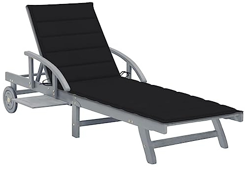 Mhdvray Sedia a sdraio in legno di acacia, 200 x 68 x 30/86 cm, regolabile, con ruote e ripiano, colore nero, per giardino, balcone, piscina e terrazza