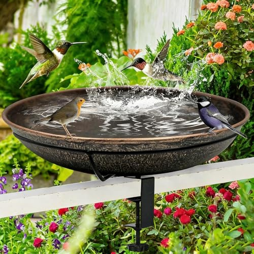 Retro Vogeltränke Hängend für Balkongeländer aus Karbonstahl Frostsicher & Rostfrei Vogelbad zum Anklemmen - Verstellbare Halterung für 1,3-8,5 cm Geländerbreite - 30cm Futterstation für Wildvögel