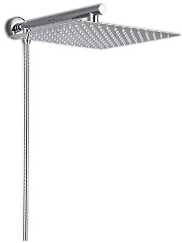 Rozin Wall Mount 12 inch Rainfall Square Shower Head with Shower Arm Shower Hose Stainless Steel Chrome Finish