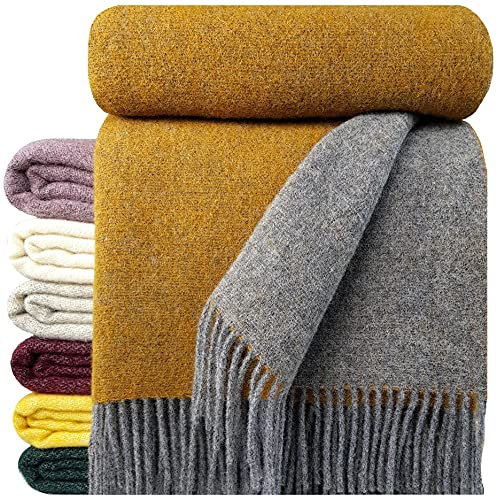 STTS International Wolldecke 100% Schurwolle Wohndecke in versch. Farben 140 x 200 cm Tagesdecke Schurwolldecke Woll-Plaid Tirol (Grau-Senf (Double face), 140 x 200 cm)