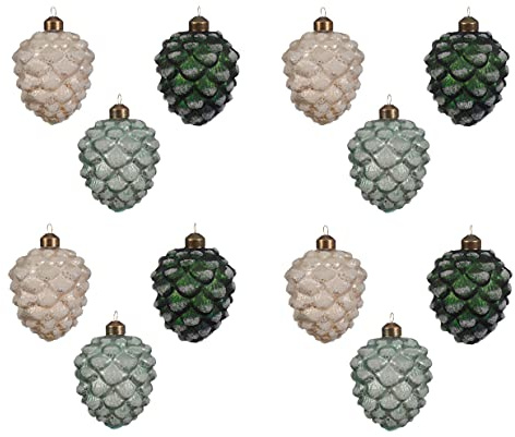 Decoris Christbaumschmuck Zapfen Glas 10cm x 12 Stück Set Weihnachtskugeln weiß Mint grün dunkelgrün Mix