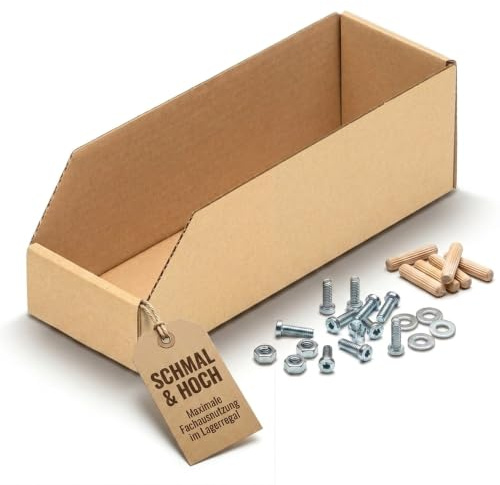 KK Verpackungen Regalkartons Lagerboxen | 100 Stück, 300 x 100 x 100 mm | Sichtboxen aus Wellpappe für Kleinteile | Aufbewahrungsbox mit Stecksystem ohne Klebeband | Werkstatt, Lager, Regal