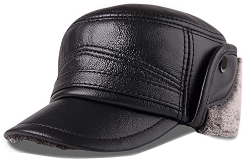 Herren Leder Fliegermützen Mit Ohrenschutz Winter Fleece Mützen Warm Kappe Wasser- und Winddicht (Color : Black, Size : 57-58)