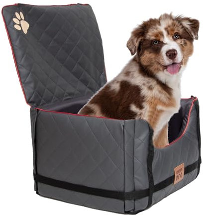 Golden Dog - Transportbox Hund mit Sicherheitsgurt L-65x53x27 cm - Leder Imitation Autositz Hund, Wasserdicht Hundesitz Auto - Beifahrersitz Hundebox Faltbar - Anschnallgurt Hundekorb Auto Grau