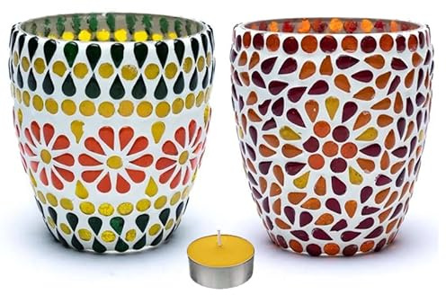 Portacandele in vetro colorato mosaico Ø 9 h. 10 cm. adatto a lumi candele votive o luce led - lumino profumato in omaggio (rosso/giallo)