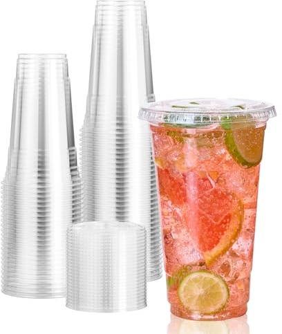 Vplus 140 Pack 24 OZ PET Clear Plastic Cups with Lids, 24 OZ Crystal Cold Disposable Drinking Plastic Cups with Flat Lids, Perfect for Ice Coffee, Smoothie, Juice