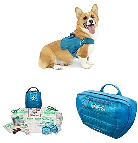 Kurgo RSG Townie Hundegeschirr, Einfaches Anlegen und Abnehmen,Größe S,Blau+ Erste-Hilfe-Set für Hunde,Kompatibel mit RSG-Geschirren und Gürteln+ Satteltasche für Hunde, Mit zwei Reißverschlusstaschen