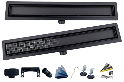 AQUA HEATING Duschrinne 2in1, Edelstahl superflach, 60 cm, schwarz | Linearer Bodenablauf für bodengleiche Dusche, Duschablauf mit Siphon, doppelseitiger Rost, Komplettset Badezimmer