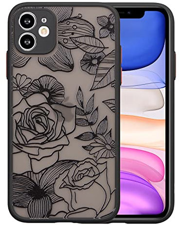 XIZYO Hülle für iPhone 11, Transparent Matt Rose Floral Blume Muster Stoßfeste Handyhülle, Weiche TPU Stoßstange Schutzhülle, Schwarz