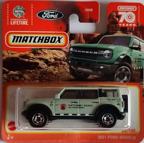 Matchbox 2021 Ford Bronco 25/100 Serie 2023 Light Green Hellgrün National Parks Modellauto für Kinder (unisex) Auto, Maßstab 1:24, 11 x 11 x 4 cm, 1 Stück, keine Batterien erforderlich