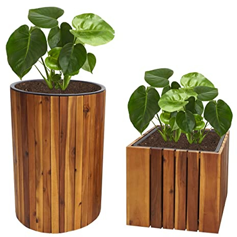 Mendler 2er-Set Pflanzkasten HWC-L24 Akazie, braun, rund eckig Outdoor | Pflanztopf, Pflanzkübel, Blumentopf, Blumenkasten, Holz, FSC®