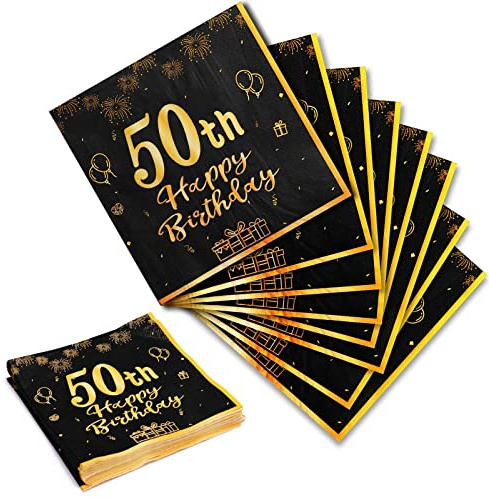 Yiran Servietten 50 Geburtstagsdeko,Mann Frau Servietten 20 Stück Schwarze Gold Happy Birthday Servietten 33cm x 33cm Papierservietten Party Supplies Tischdekoration Geburtstag Feiern Party Jubiläum
