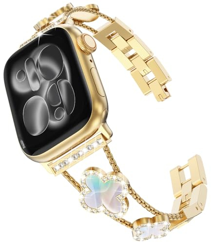KADES Damen Ersatzarmband kompatibel mit Apple Watch Armband 46mm 45mm 44mm 42mm(Series 3 2 1),Glücks Vierblatt Diamant Edelstahl Gliederarmband für iWatch SE Series 11 10 9 8 7 6 5 4 3 2 1,Gold
