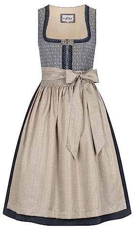 Nübler Dirndl midi Damen - 2 teilig inkl. Kleid und Dirndl Schürze, Rocklänge 70cm - Moderne bayerische Tracht, Leni Blau, Größe:38