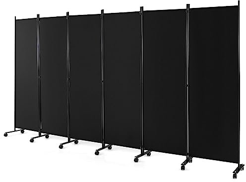 COSTWAY 6 Panel Folding Room Divider, Rolling Wall Privacy Screen Protector with Wheels, Freestanding Paravent Partition Separator for Living Room, Bedroom and Office, 335 x 172cm (Black)