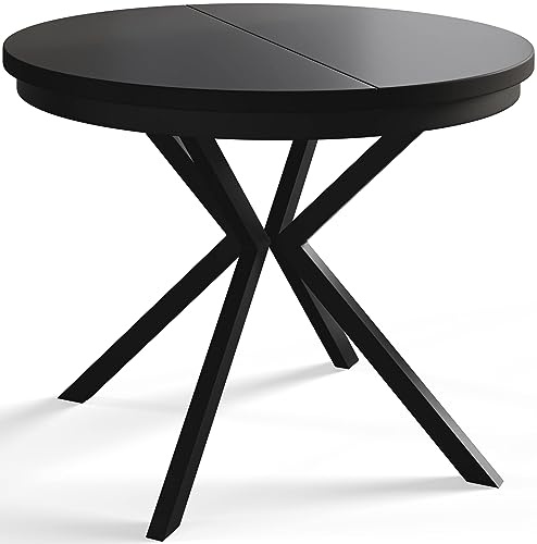 Esszimmertisch BERGO, Durchmesser: 120-200 cm, Schwarz, Schwarz Beine | Runder Tish, Ausziehbarer Tisch, Wohnzimmertisch mit Metallbeinen