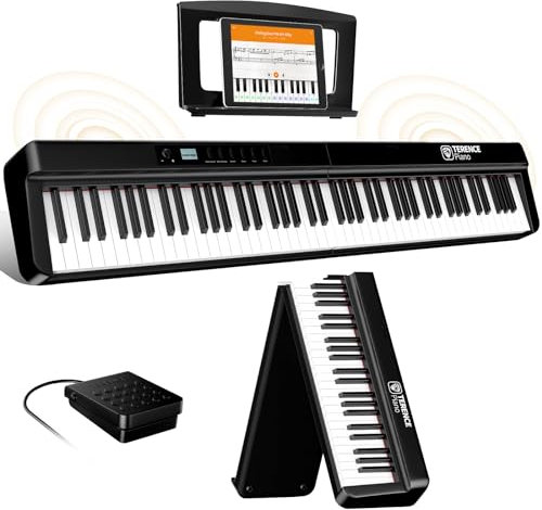 TERENCE E Piano 88 Tasten Faltbares Digital Piano mit 2000mAh Batterie unterstützung MIDI-USB Audio-Bluetooth mit 2x25W Lautsprecher Sustain Pedal Notenständer Aufkleber Audiokabel Kopfhörer