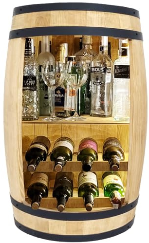 weeco Fass Bar Weinregal aus Holz Tisch 80x50cm LED. Weinfass Stehtisch. Hausbar Regal Alkohol Shrank Flaschenregal Regale Holzfass Theke Fassmöbel Wine Rack Möbel Wohnzimmer Fassbar