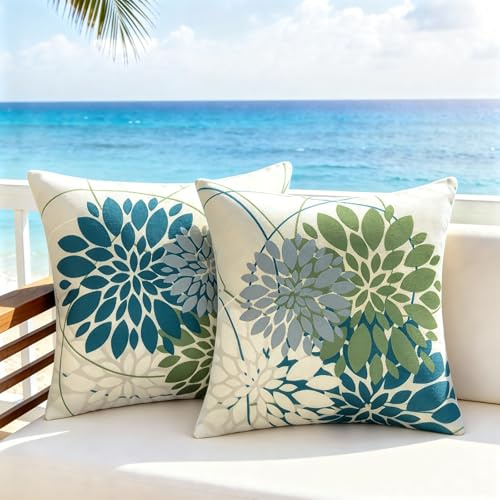 Exterior Impermeable Fundas de Cojines 50x50 CM Dalia Fundas Cojines Azul Verde Funda Cojin Exterior Decorativo Verano Sofa Moderno Lino por Salon Jardín Sofá Cojines Decoración 2 Piezas
