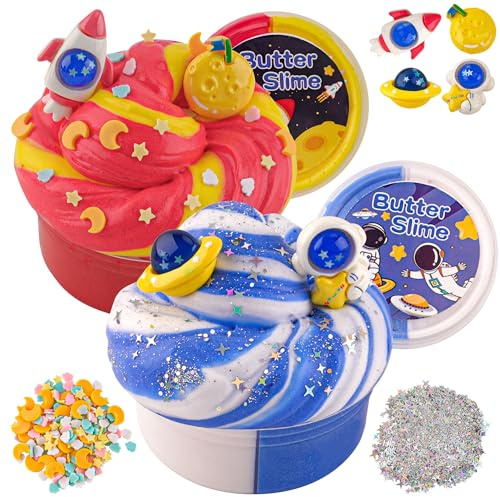 LAWOHO Butter Slime Set -2X120ml Fluffy Butter Schleim mit 6 Packungen Slime Add-Ins, Kinder Schleim Selber Machen Set, Schleim Kinder Set für Mädchen Jungen Halloween Weihnachten Geschenke(Galaxie)