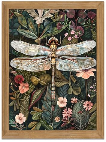 Framed Vintage 3D Textured Wall Art - Dark Green Dragonfly Flowers Wall Decor - Hand Drawn Sandstone Nature Botanical Pictures for Living Room Bedroom Home Decor 12x16in
