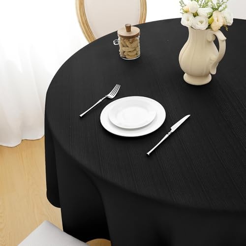 Softalker Schwarze Tischdecke rund Durchmesser 120 Abwaschbar Wasserabweisend Abwischbar Fleckschutz Leinen Struktur Deko für Outdoor Draußen Gartentisch Party Geburtstag Silvester Outdoor Garten
