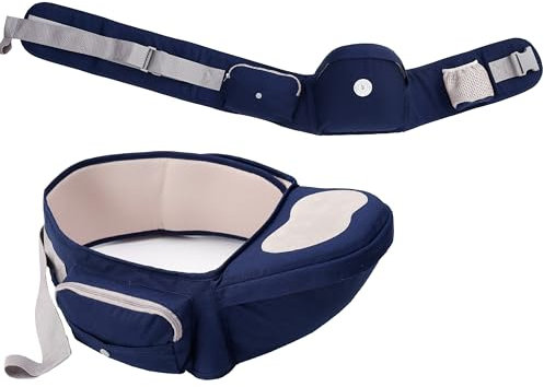 Hüftsitz Baby EXTRA 50mm weiche Polsterung 2x Taschen Hüfttrage 65-120cm VORTEILE 4 Positionen seitentrage (S M L XL) ergonomisch Taillen Hocker (Dunkel blau)