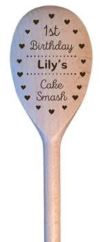 LunaTastic Gifts Personalised Name Date Cake Smash Wooden Spoon Gift - Engraved 1st Birthday Celebration Photo Prop - Keepsake Memory Present for Baby Boy Girl - 30cm Long - Heart Circle