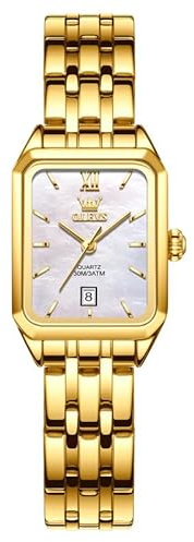 OLEVS Orologio da Donna Oro Acciaio Inox Rettangolare Orologio da Polso da Donna Classico Calendario Bianco Piccolo Orologio da Donna Impermeabile Tempo Libero Semplicità Quarzo Orologi da Donna