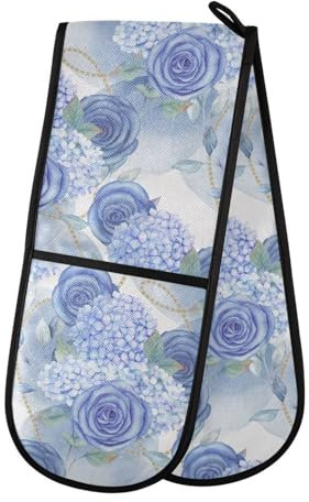 Double Oven Gloves Blue Hortensia Rose Hydrangea Heat Resistant Pot Holder Oven Mitt Gloves for BBQ Cooking Baking Grilling Microwave