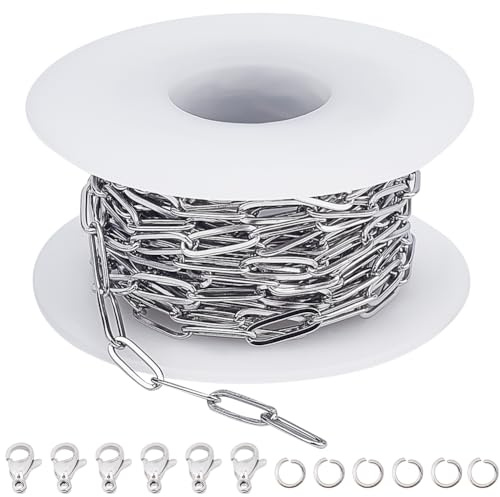 SUNNYCLUE 16.4 Fuß/5 m Büroklammer Gliederkette 304 Edelstahlketten Lange Rechteckige Verlängerungskette Aus Metall Mit Karabinerverschlüssen Biegeringen Zur Schmuckherstellung Halskettenherstellung D