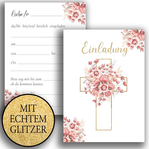 10 inbjudningskort med kuvert inbjudan glitter dubbelsidiga kort elegant kors akvarell delikat för dop nattvard konfirmation firmation rosor rosa vita flickor att designa själv glitter