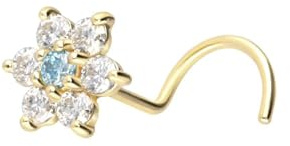 PIERCINGLINE Piercing per il naso in oro 14 o 18 carati a spirale con fiore di moissanite | Piercing per il naso a sfera | Colore a scelta, 6 mm x 0,6 mm, Moissanite