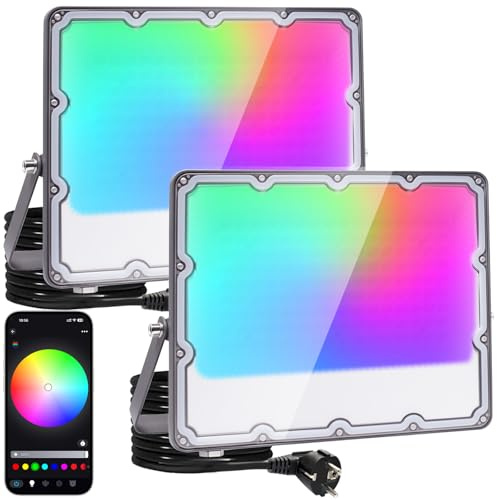 OUSIDE 2 Pezzi Faro LED RGB da Esterno 100W, Faretto LED RGB con App Bluetooth, 16 Milioni Di Colori, 12 Modalità Musicali, 44 Modalità Di Cambio Colore, Funzione Timer, Ideale Per Feste, Halloween