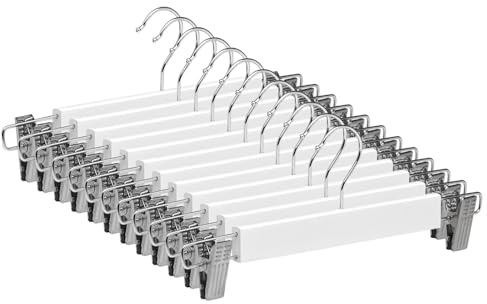 Perchas de Madera Blanca 48 Unidades con Pinzas Ajustables para Faldas Pantalones Shorts Vaqueros, Antideslizantes y Gancho Giratorio 360°