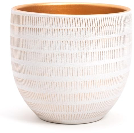 Grand et élégant POT en terre cuite | Décoré avec intérieur doré | D. 18 cm – H. 16 cm | Pot décoratif moderne pour plantes, fleurs, plantes grasses, sansevières | Pour intérieur ou extérieur.