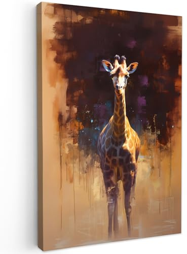 MuchoWow© Leinwand Deko Schlafzimmer Aesthetic Leinwandbilder Wohnzimmer | 60x90 cm - Gemälde Foto Geschenk Living Room Decoration Giraffe - Braun - Abstrakt - Gemalt