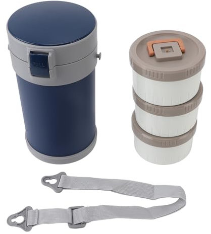 Nikou Jarra de alimentos aislado 3 niveles de lonchera de acero inoxidable lonchera de aspiración con correa para la oficina escolar (Nikoukg43wnv-12)