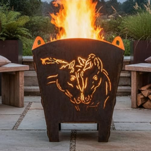 Terma Stahldesign Feuerkorb XXL mit Pferde-Motiv – Massive Feuertonne aus Stahl – dekorative Feuerstelle für Garten Terrasse – handgefertigte Rostoptik – Made in Germany