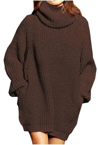 NSICBMNO Brown Long Jumpers for Women UK Oversized Jumper with Pockets Chunky Knit Sweaters Roll Neck Jumpers Long Sleeve Tunic Tops Longline Sweatshirts Baggy Sweaters Pullover Jumper Dress