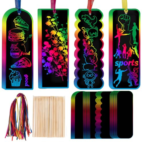 48Set 4 Styles Scratch Art with Bookmark Papers Wooden Stylus＆Satin Ribbons | Magic Scratch Art Bookmarks Craft Kit for Students Party Favors Classroom Activities Party Bag Fillers DIY Creative Bookmarks