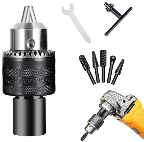 5/8-11 Thread Angle Grinder Drill Chuck Adapter Kit | Includes 5Pcs Rotary Burr Files,1/16''-1/2'' Metal Drill Chuck,5/8-11 to 1/2-20 Arbor Converter for Metal Fabrication & Woodworking Projects