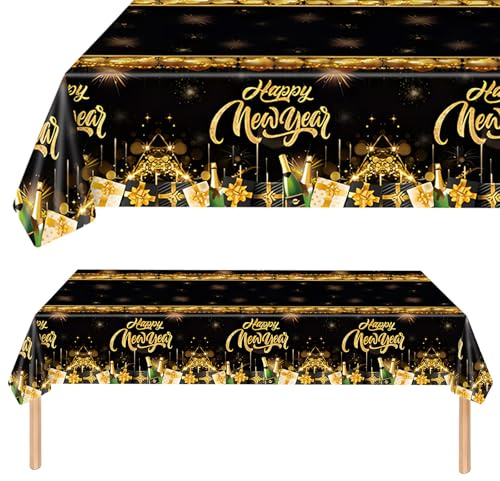 2 Stück Tischdecke Silvester 2026 - Elegante Tischdecke in Schwarz & Gold für Partydeko, Neujahr & Festtage - Ideal als Deko zum Jahreswechsel (B)
