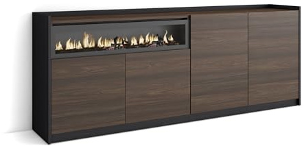 Skraut Home | Aparadores para salón | Gran Capacidad de almacenaje | 207x80x37 cm | 4 Puertas | Chimenea eléctrica | Estilo Moderno | Roble Oscuro y Negro