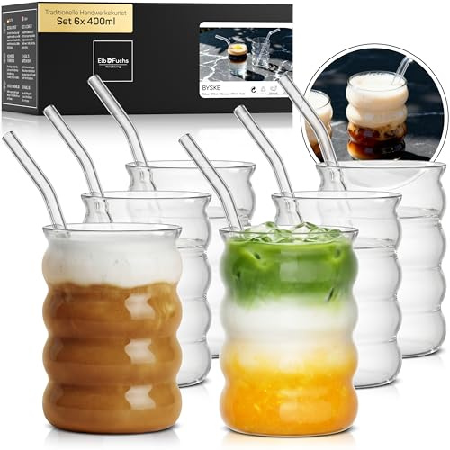 ElbFuchs Matcha Gläser 6er Set 400 ml - Bubble Gläser mit Glasstrohhalmen aus Borosilikatglas, ästhetische Trinkgläser als Latte Macchiato- & Eiskaffee- und Cocktailgläser