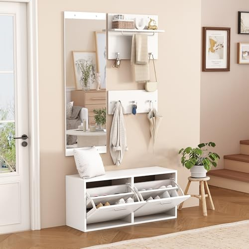 Easexcy Set di 4 appendiabiti, 90 x 30 x 41,5 cm, con specchio, 2 ripiani per cappelli e scarpiere. Set di appendiabiti per corridoio, set di appendiabiti